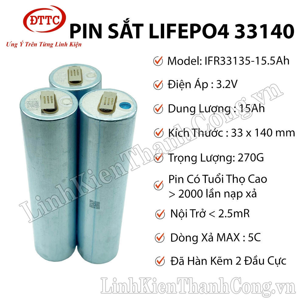 Pin Sắt LiFePO4 33140 3.2V 15Ah Xả 5C Đã Hàn Kẽm (Tặng kèm Khung)