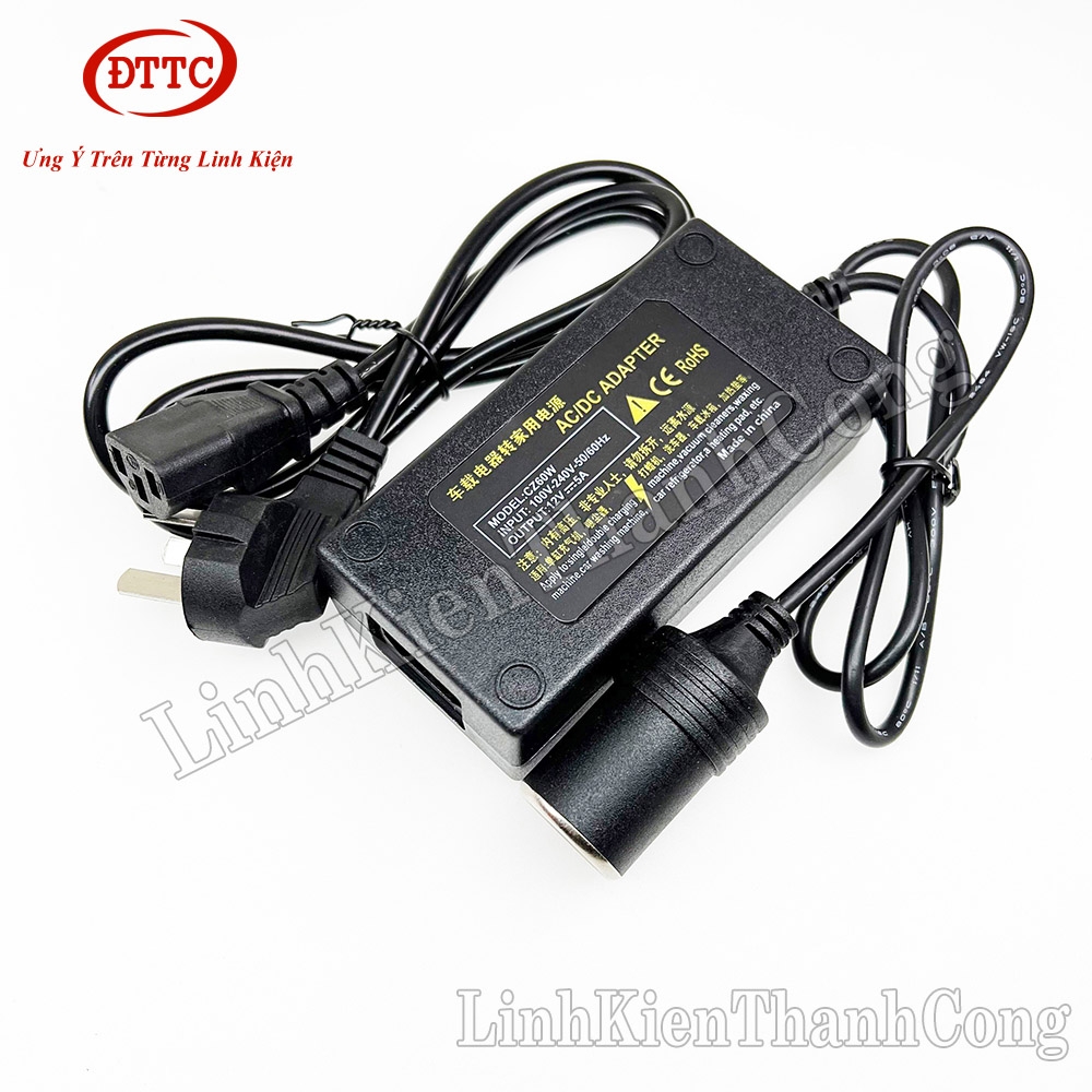 Bộ Chuyển Đổi Nguồn 220V Sang 12V 5A Kết Nối Từ Tẩu ô tô Sử Dụng Cho Máy Hút Bụi, Máy Bơm