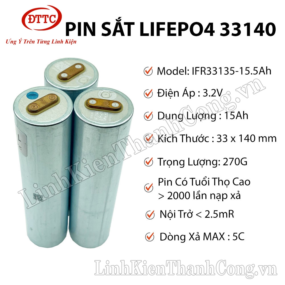 (Không Hàn Kẽm) Pin Sắt LiFePO4 33140 3.2V 15Ah Xả 5C  (Tặng kèm Khung)