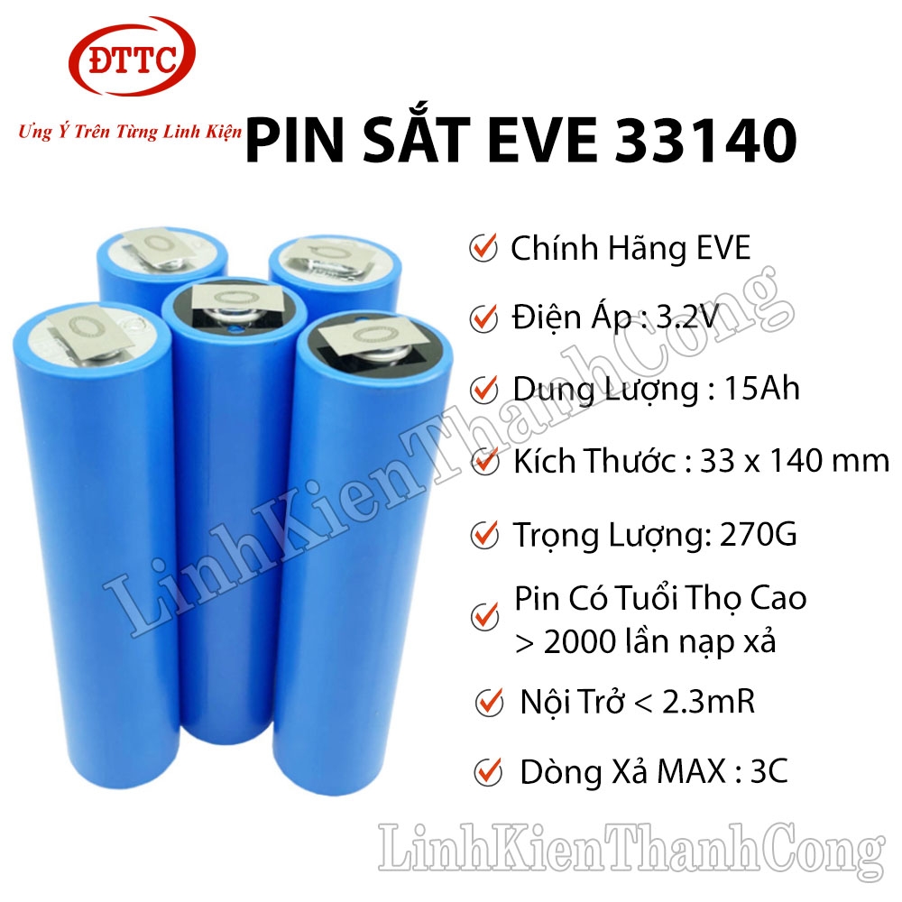 Pin Sắt EVE 33140 3.2V 15Ah Hàn Kẽm (Tặng Kèm Khung)