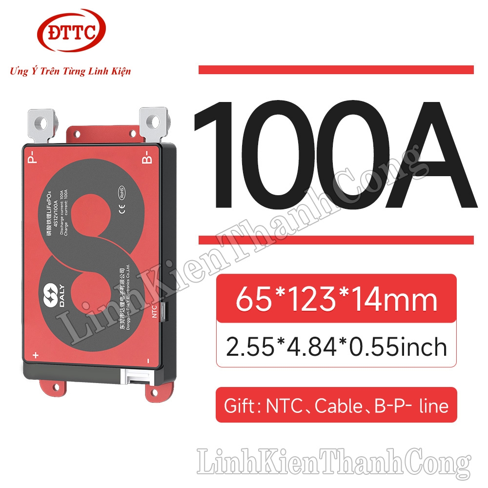 Mạch Bảo Vệ BMS DALY 12V 4S 3.2V 100A Mẫu K + NTC + 2 Dây Nguồn 7AWG