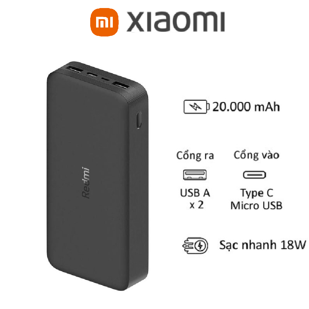 Pin sạc dự phòng Xiaomi Redmi 20000 Mah 18W Fast Charge, Input(Micro USB/  Type-C), Output(USB-Ax2)/ Đen