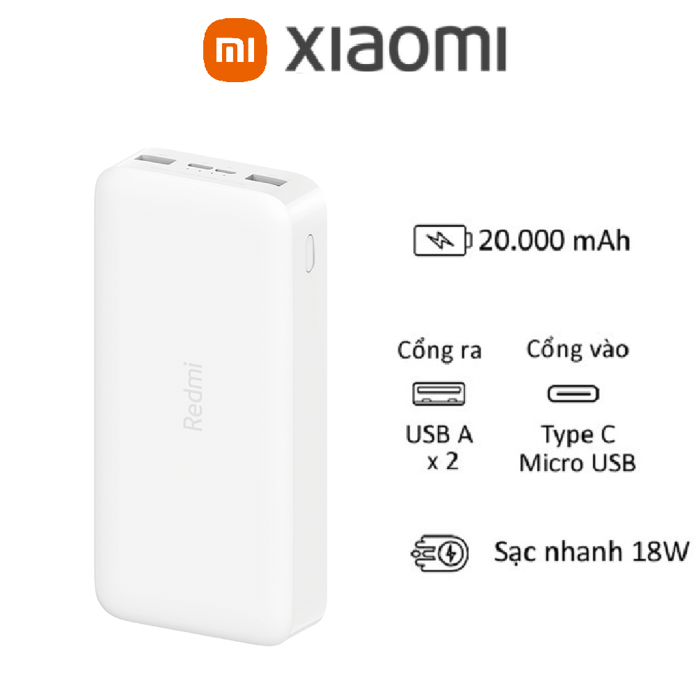 Pin sạc dự phòng Xiaomi Redmi 20000 Mah 18W Fast Charge, Input(Micro USB/ Type-C), Output(USB-Ax2)/ Trắng