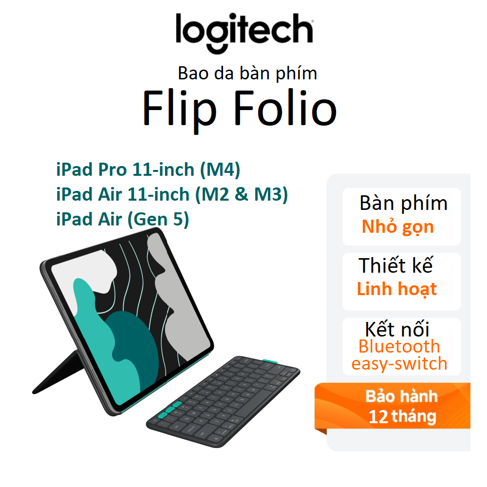 Bao da bàn phím Logitech Flip Folio for iPad Pro 11-inch (M4), iPad Air 11-inch (M2 & M3), iPad Air (Gen 5) - Chính hãng Digiworld