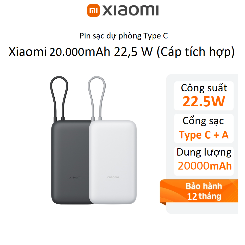 PIN SẠC DỰ PHÒNG (POWER BANK) Xiaomi Power Bank 20000mAh (Integrated Cable) TH