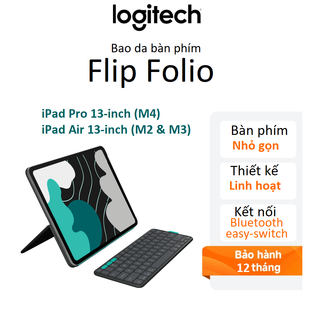 Bao da bàn phím Logitech Flip Folio for iPad Pro 13-inch (M4), iPad Air 13-inch (M2 & M3) - Chính hãng Digiworld