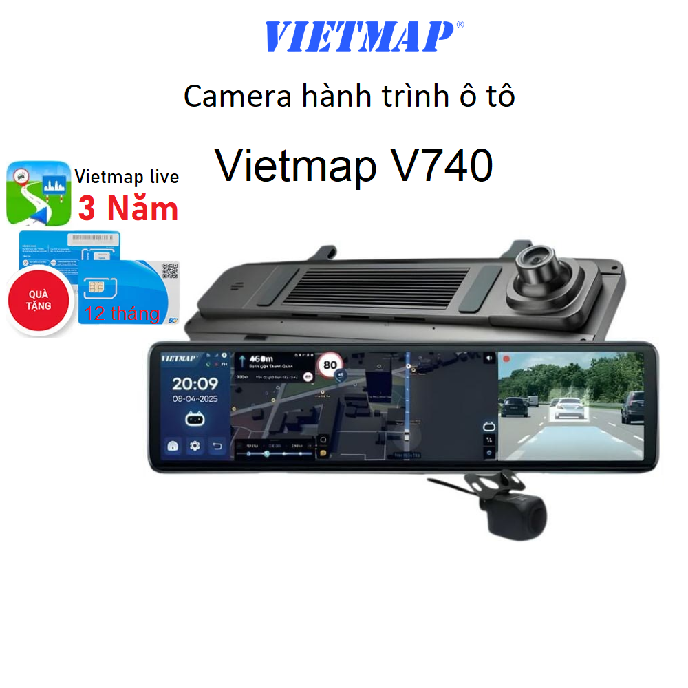 Camera hành trình gương Android VIETMAP V740 tích hợp 4G, ghi hình trước sau Full HD, dẫn đường VIETMAP LIVE, ADAS và giám sát xe từ xa