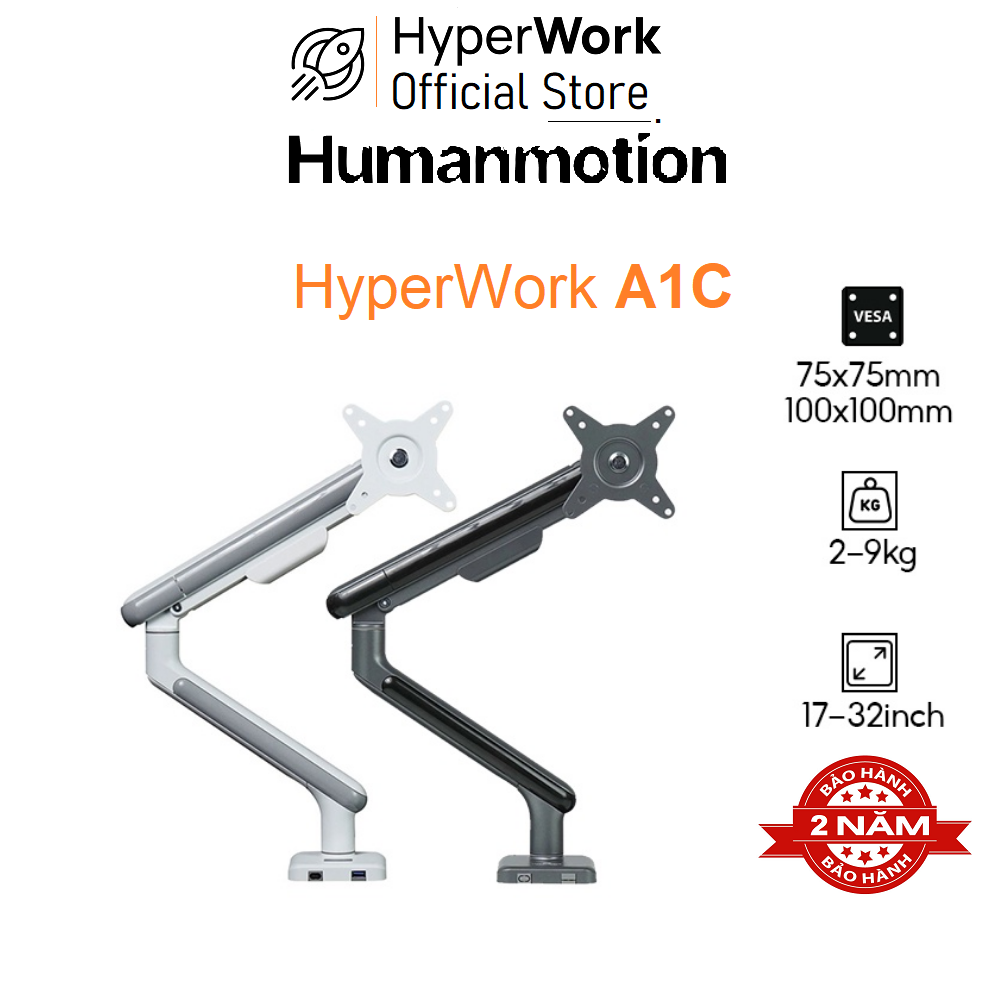 Giá đỡ màn hình Human Motion HyperWork A1C Màn hình 17- 32inch Tải trọng 9kg Lò xo cao cấp HyperLift+ 2.0