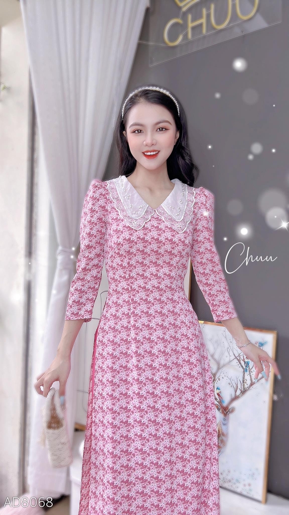 Áo Dài Cổ Thêu 5 cánh AD8068 (áo lẻ)