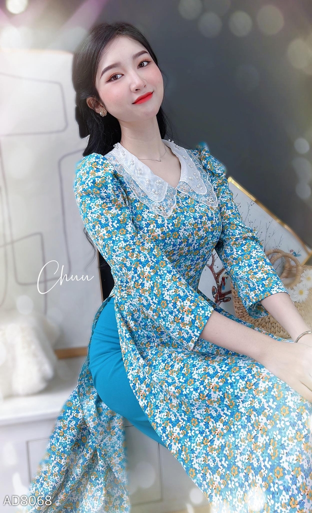 Áo Dài Cổ Thêu 5 cánh AD8068 (áo lẻ)