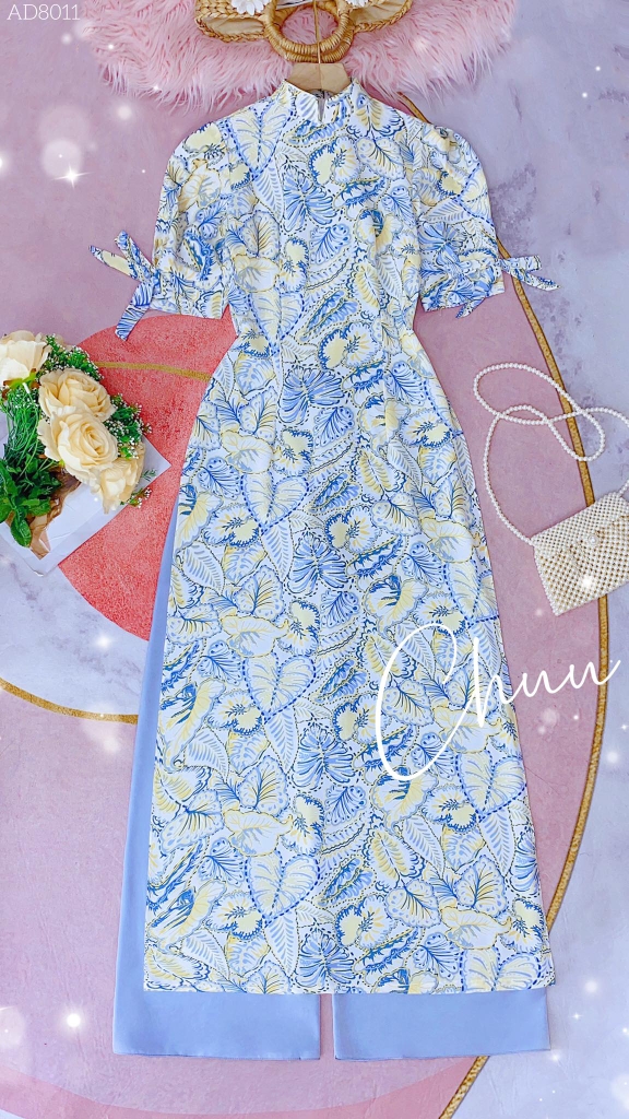 Áo Dài Hoa Mango Tay Nơ AD8011 (áo lẻ)