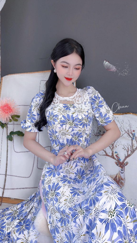 Áo Dài Ren Đối Xứng AD8076 (áo lẻ)