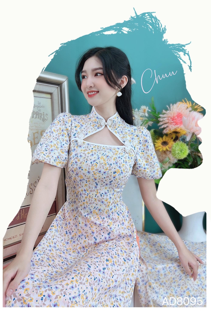 Áo Dài Cổ Tàu Nút Kem AD8095 (áo lẻ)