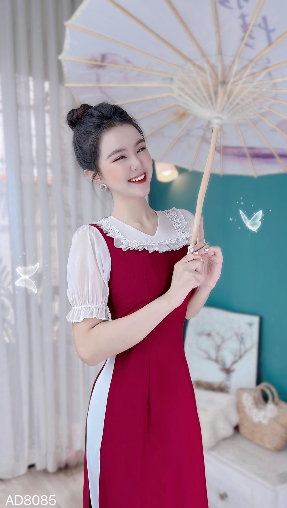 Áo Dài Pha tơ cổ V AD8085 (áo lẻ)