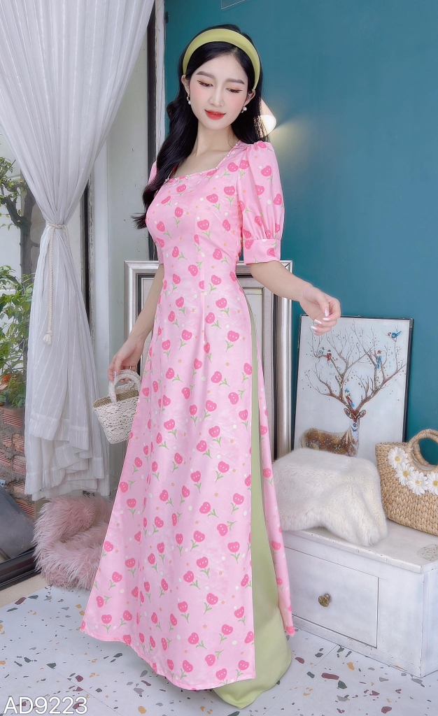 Áo Dài Hoa Cổ Vuông Màu Nước AD9223