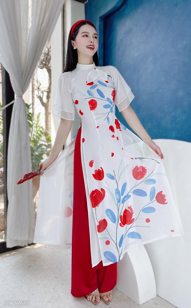 Áo Dài Cổ Trụ Nơ Mềm AD1298 (áo lẻ)
