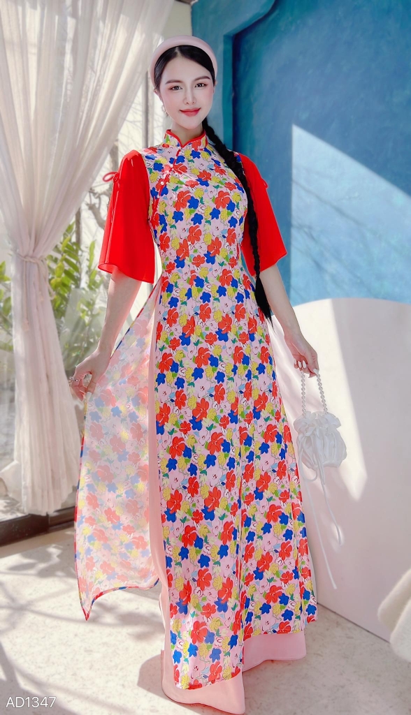 Áo Dài Tay Xẻ Nơ Đôi AD1347 (áo lẻ)