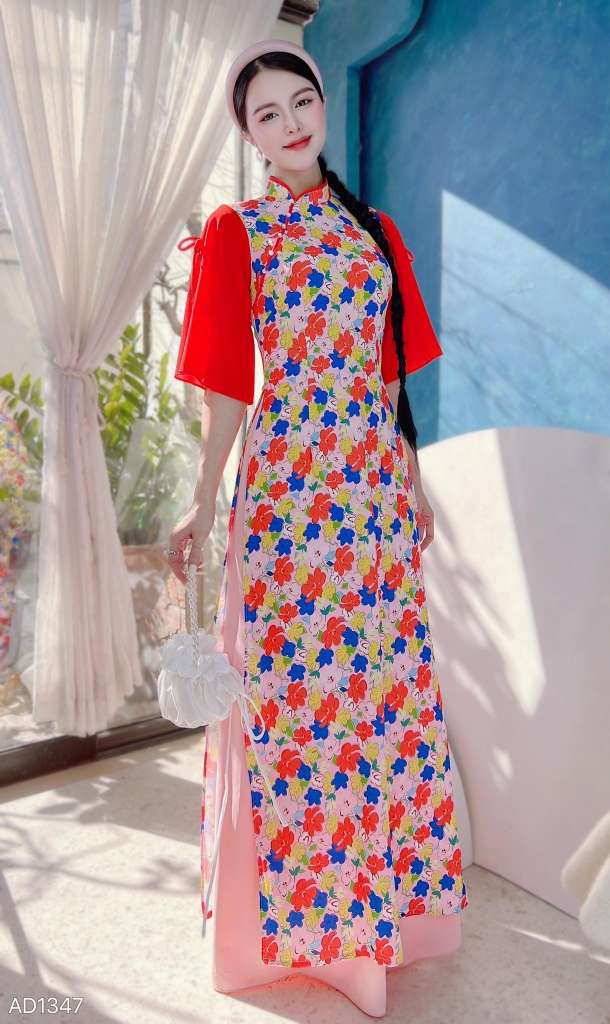 Áo Dài Tay Xẻ Nơ Đôi AD1347 (áo lẻ)