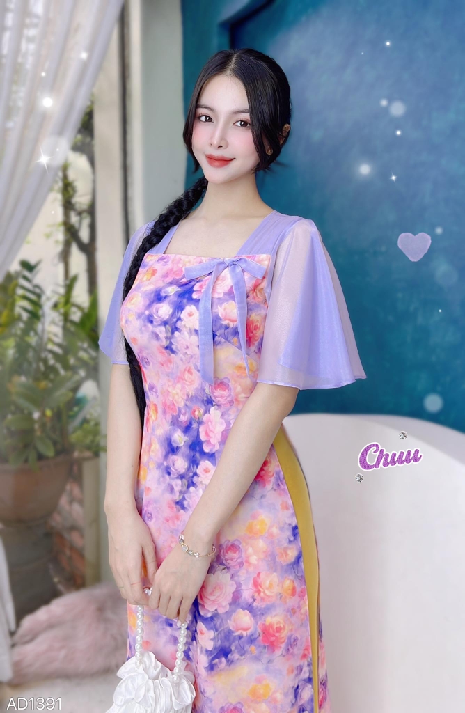 Áo Dài Cổ Vuông Tơ Nơ Lá AD1391 (áo lẻ)