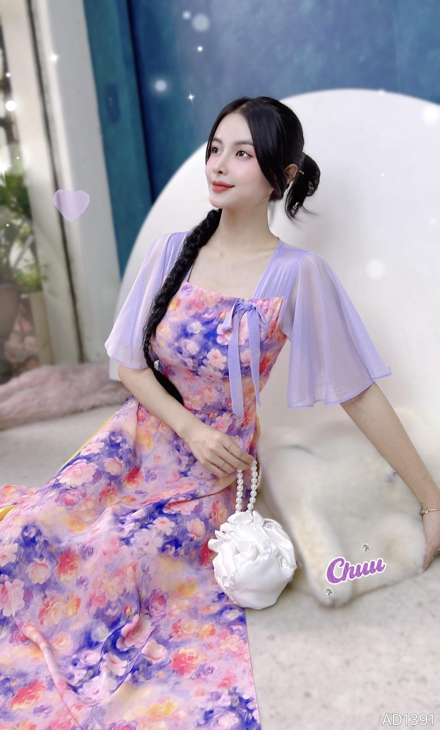 Áo Dài Cổ Vuông Tơ Nơ Lá AD1391 (áo lẻ)