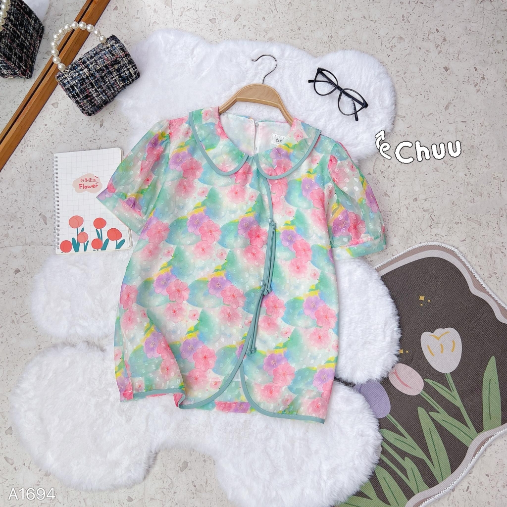 Áo Sơ Mi Cổ Sen Tú Cầu A1694