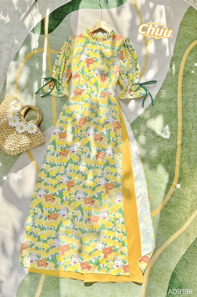 Áo Dài Lụa Nhung Tay Loe AD9198 (áo lẻ)