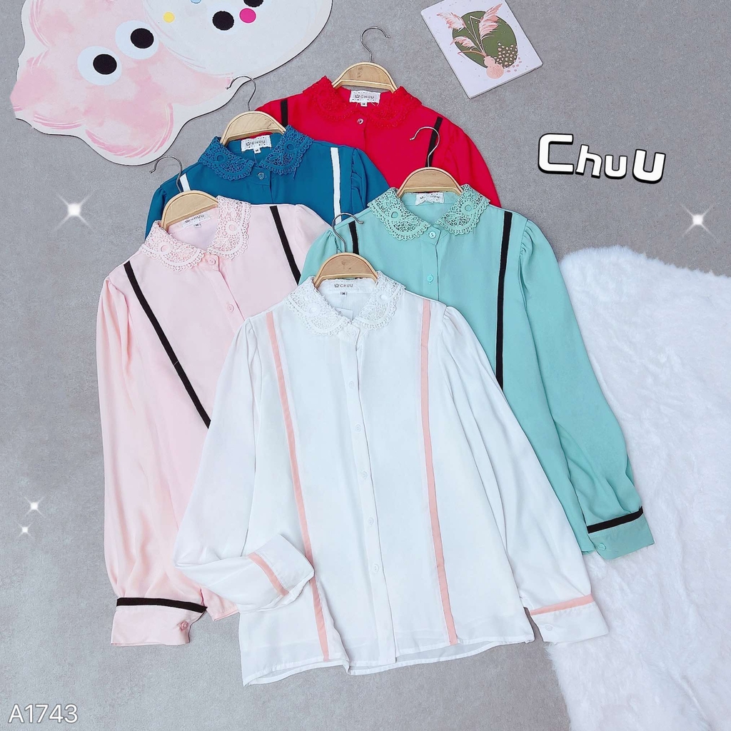 Áo Sơ Mi Line Đen Cổ Ren A1743