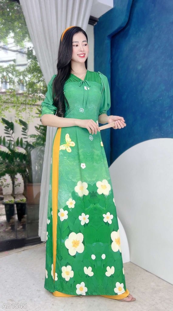 Áo Dài 5C Bướm Kem AD1545 (áo lẻ)