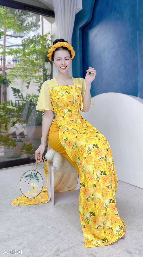 Áo Dài Cổ Vuông Tơ Nơ Lá AD1391 (áo lẻ)