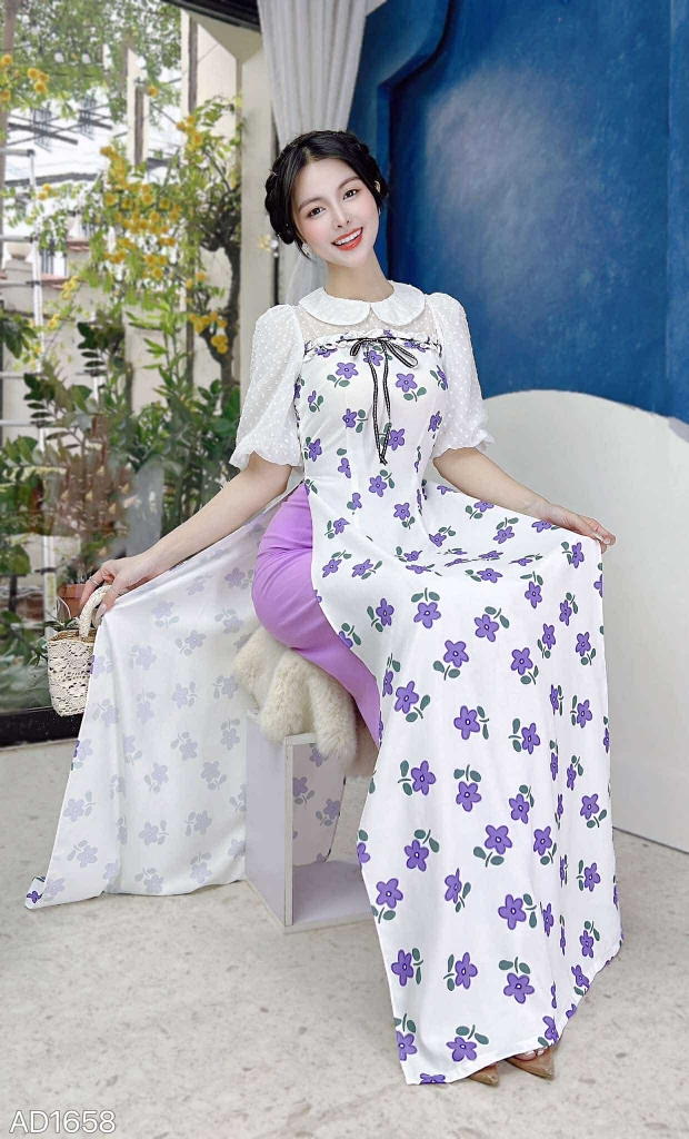 Áo Dài Cổ Sen Tay Tuyết AD1658 (áo lẻ) - Hoa Tím