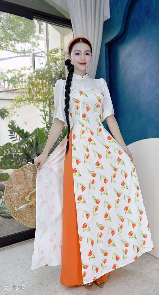 Áo Dài Pha Hoa Nhung AD1617 (áo lẻ)