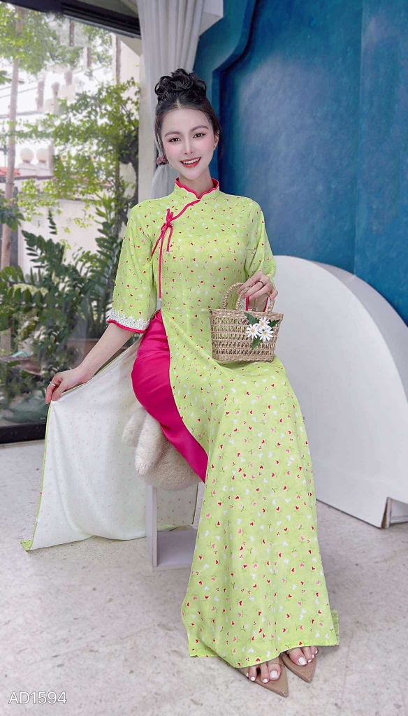 Áo Dài Cổ Sóng Thanh Hà AD1594 (áo lẻ) - Xanh Cốm