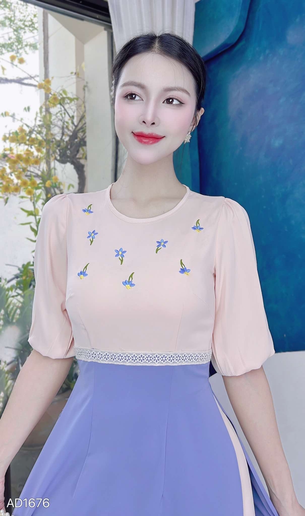 Áo Dài Hoa Thêu Nối Eo AD1676 (áo lẻ)