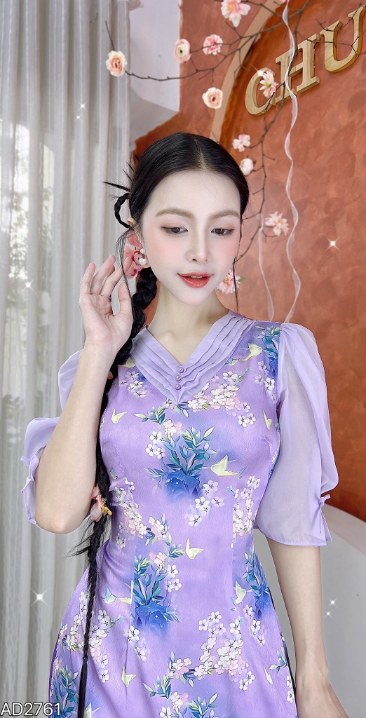 Áo Dài Cổ V Ngọc Châu AD2761 (áo lẻ)