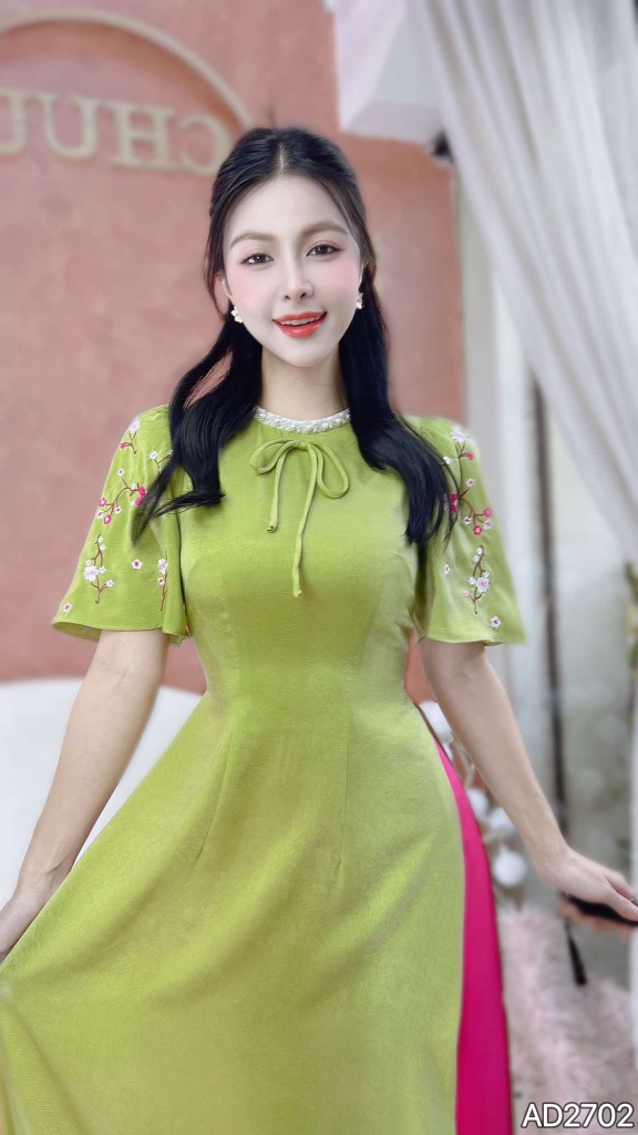 Áo Dài Cổ Cườm Mai Xanh AD2702 (áo lẻ)