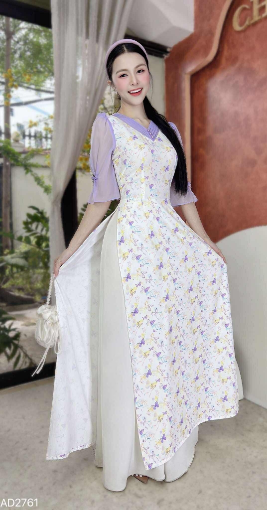 Áo Dài Cổ V Ngọc Châu AD2761 (áo lẻ)