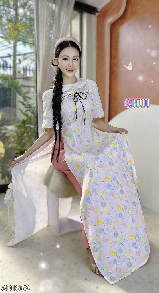 Áo Dài Cổ Sen Tay Tuyết AD1658 (áo lẻ)