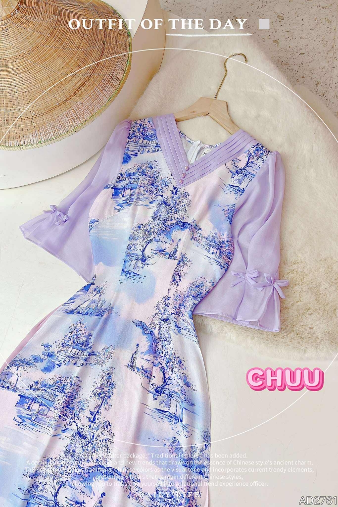 Áo Dài Cổ V Ngọc Châu AD2761 (áo lẻ)
