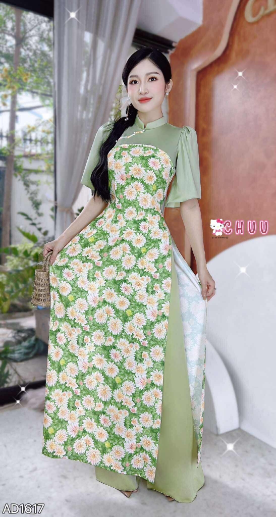 Áo Dài Pha Hoa Nhung AD1617 (áo lẻ) - Tuliup Cam