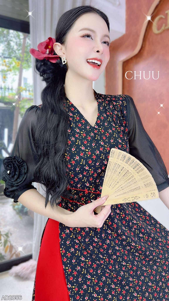 Áo Dài Eo Sa Tay Hoa AD2856 (áo lẻ)