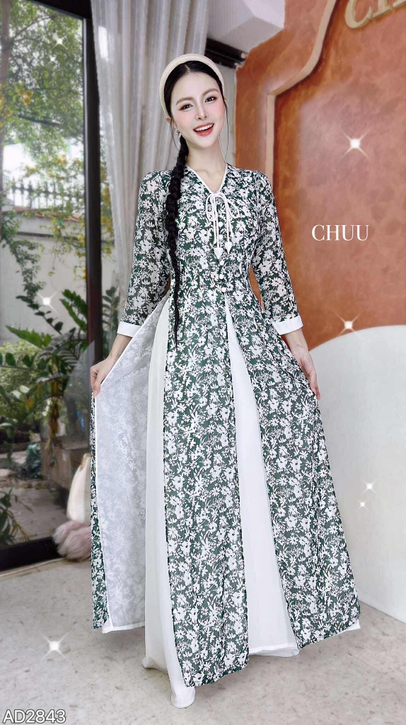 Áo Dài 4T Tơ Vàng Lá Ngọc+PK AD2843 (áo lẻ)