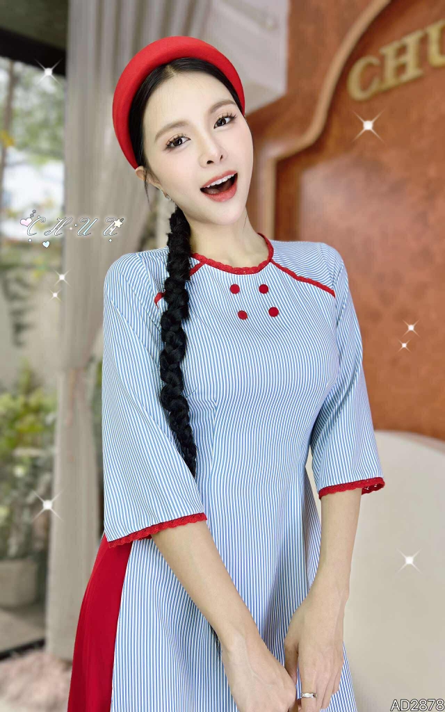 Áo Dài Sọc Ren Đỏ AD2878 (áo lẻ)