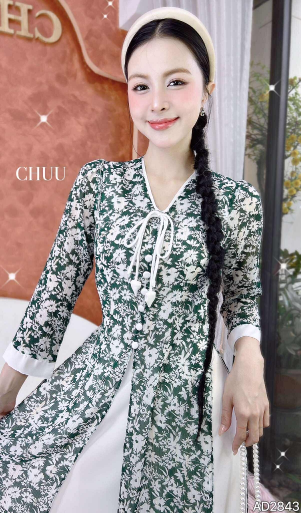 Áo Dài 4T Tơ Vàng Lá Ngọc+PK AD2843 (áo lẻ)