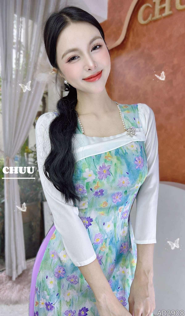 Áo Dài Trà Hoa Châu+PK AD2908 (áo lẻ)