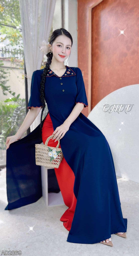 Áo Dài Bông Bụt Đỏ AD2869 (áo lẻ)