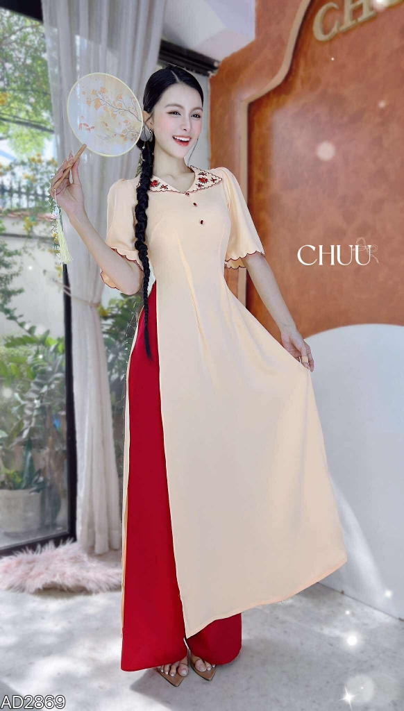 Áo Dài Bông Bụt Đỏ AD2869 (áo lẻ)