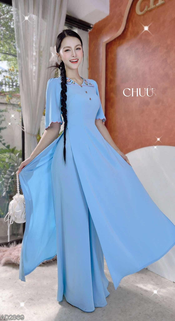 Áo Dài Bông Bụt Đỏ AD2869 (áo lẻ)