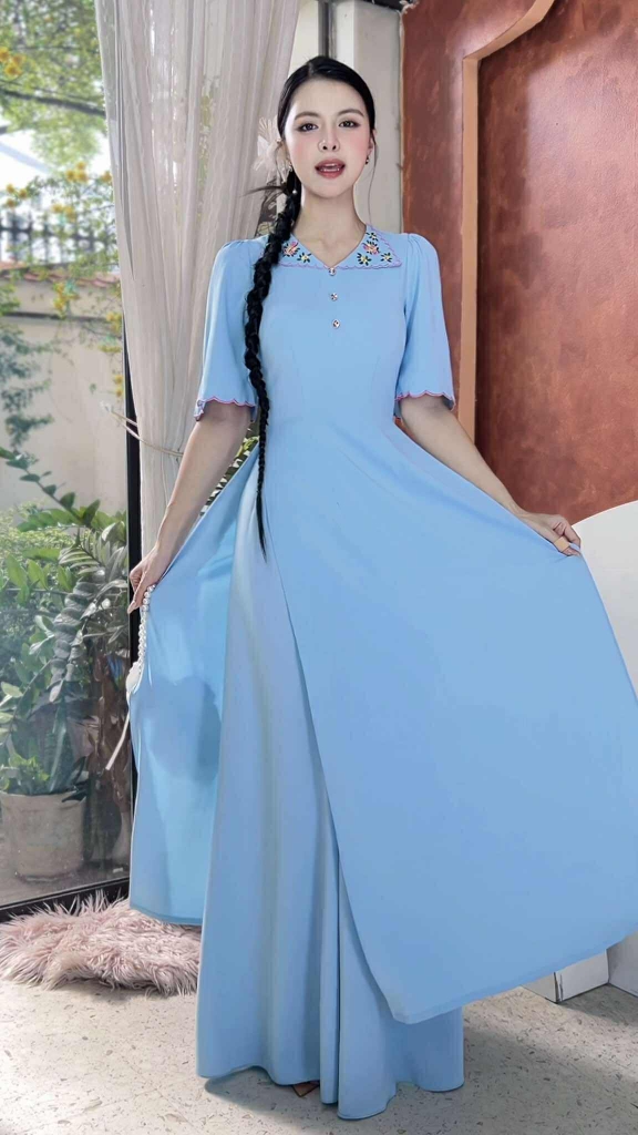 Áo Dài Bông Bụt Đỏ AD2869 (áo lẻ)