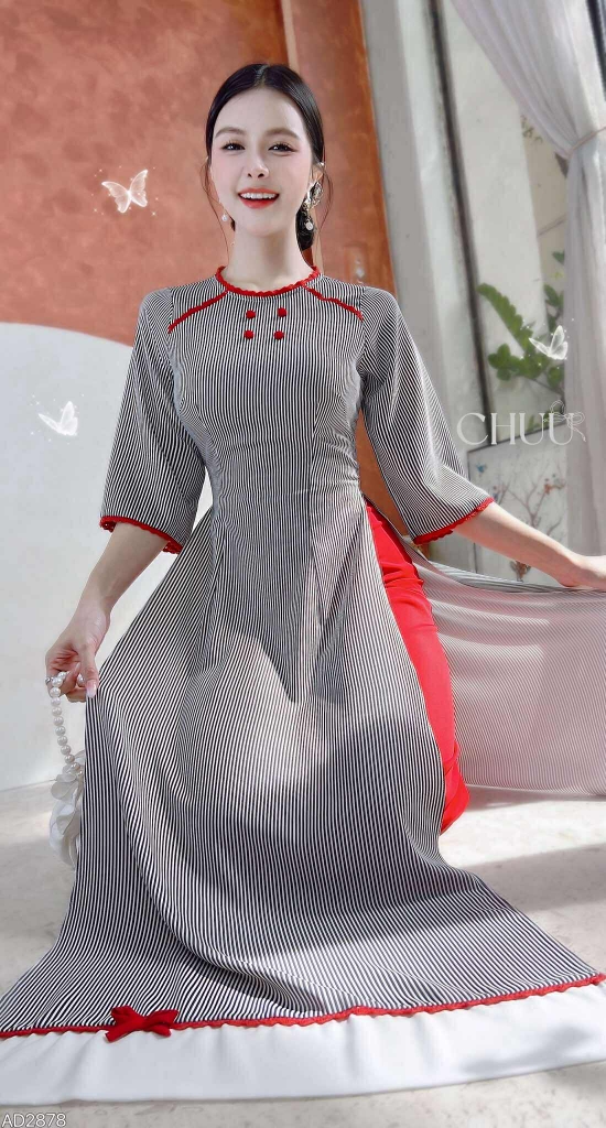Áo Dài Sọc Ren Đỏ AD2878 (áo lẻ)