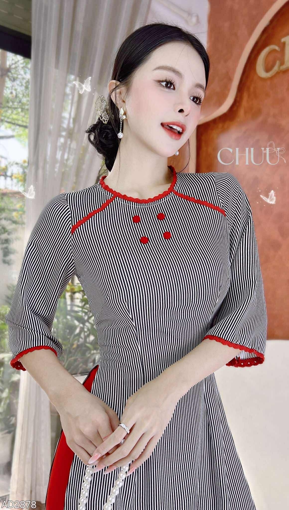 Áo Dài Sọc Ren Đỏ AD2878 (áo lẻ)